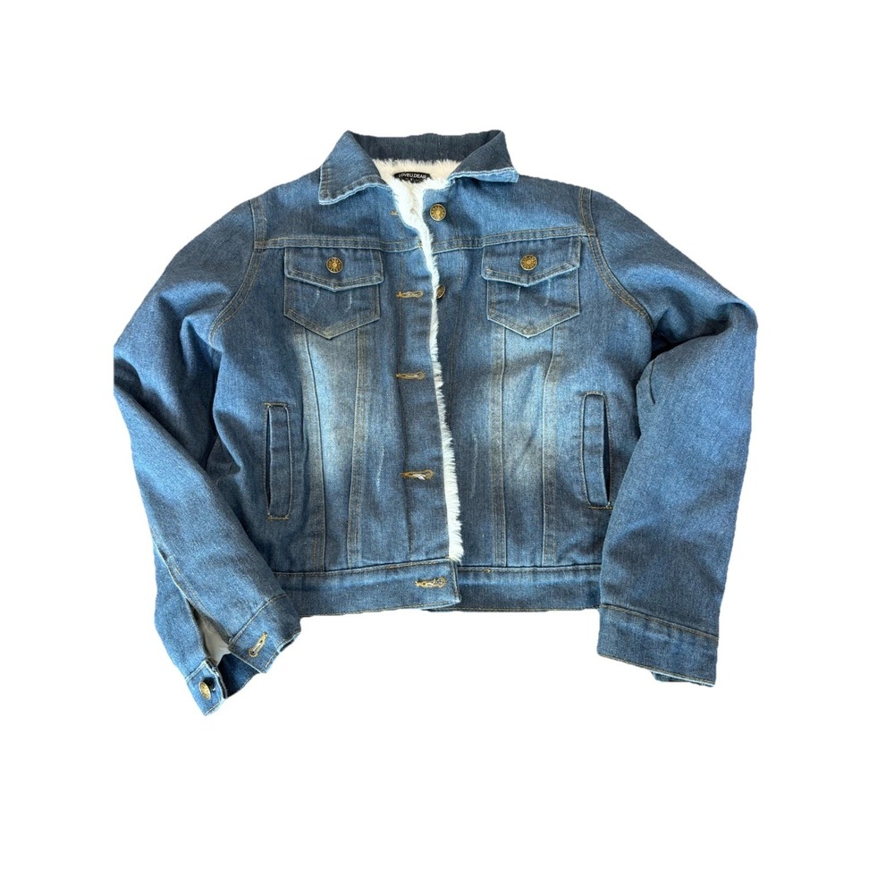 LoveUDear Sherpa Lined Denim Girls Size 10 Jacket Cozy Gold Buttons 4 Pockets